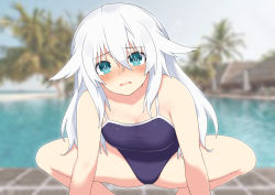 Rule 34 | bare shoulders, blush, breasts, cleavage, green eyes, highres, katade, knees, long hair, medium breasts, neptune (series), nervous, noire (neptunia), open mouth, pool, swimsuit, thighs, tree, tsundere, very long hair, white hair