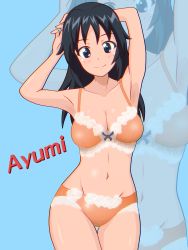 Rule 34 | 1girl, absurdres, armpits, arms behind head, arms up, black eyes, black hair, bow, bow bra, bra, breasts, character name, cleavage, closed mouth, commentary, freckles, girls und panzer, gogopaint, groin, highres, lace, lace-trimmed bra, lace-trimmed panties, lace trim, large breasts, long hair, looking at viewer, navel, orange bra, orange panties, panties, simple background, smile, solo, standing, thigh gap, underwear, underwear only, yamagou ayumi, zoom layer