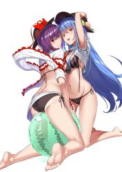Rule 34 | 2girls, absurdres, arm up, ass, asymmetrical docking, ball, bare legs, barefoot, beachball, bikini, black bikini, black hat, blue hair, blush, bow, breast press, breasts, center frills, clothes lift, food, frilled shawl, frilled shirt, frills, from behind, fruit, groin, hair between eyes, hand on headwear, hat, hat bow, highres, hinanawi tenshi, kneeling, large breasts, leaf, long hair, looking at viewer, looking back, multiple girls, nagae iku, navel, neck ribbon, neropaso, open mouth, peach, purple hair, red bow, red eyes, red ribbon, ribbon, sarong, shawl, shirt, shirt lift, short hair, short sleeves, side-tie bikini bottom, simple background, skindentation, stomach, striped bikini, striped clothes, swimsuit, thighs, touhou, untied bikini, vertical-striped bikini, vertical-striped clothes, very long hair, white background, white shirt