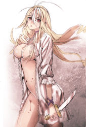 Rule 34 | 1girl, blonde hair, blood, blood stain, bottomless, breasts, choker, highres, knife, large breasts, long hair, navel, nipples, open clothes, open shirt, red eyes, sanbasou, shirt, solo
