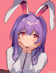 Rule 34 | 1girl, :&lt;, ainy, animal ears, bad id, bad twitter id, blush, closed mouth, commentary request, hands on own knees, highres, long hair, long sleeves, looking at viewer, one-hour drawing challenge, pink background, purple hair, rabbit ears, rabbit girl, red eyes, reisen udongein inaba, shirt, simple background, solo, teeth, touhou, twitter username, upper body, upper teeth only, white shirt