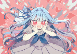 Rule 34 | 1girl, alternate costume, blue hair, blue neckerchief, blue ribbon, blue sailor collar, blunt bangs, circle skirt, commentary request, cowboy shot, envelope, floating hair, furrowed brow, grey serafuku, hair intakes, hair ribbon, hands on own cheeks, hands on own face, hands up, heart, heart-shaped pupils, heart in eye, highres, kotonoha aoi, letter, long hair, looking at viewer, love letter, low-tied sidelocks, multicolored background, neckerchief, open mouth, oyasumi makura, pink background, pleated skirt, red background, red eyes, ribbon, sailor collar, school uniform, serafuku, short sleeves, sidelocks, skirt, smile, solo, sparkle, straight-on, symbol-shaped pupils, symbol in eye, voiceroid
