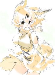 Rule 34 | 1girl, arms behind back, bow, bowtie, breasts, extra ears, gloves, hakoneko (marisa19899200), high-waist skirt, highres, kemono friends, large breasts, locked arms, looking at viewer, print bow, print bowtie, print gloves, print skirt, serval (kemono friends), serval print, skirt, smile, solo, striped tail, tail, two-tone bowtie, white bow, white bowtie