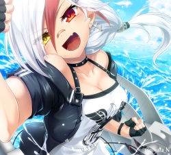 Rule 34 | 1girl, anchor earrings, azur lane, bad id, bad pixiv id, bandaid, bandaid on face, bandaid on nose, bare shoulders, black gloves, breasts, cleavage, clenched hand, clothes writing, collar, commentary request, downes (azur lane), earrings, fang, fingerless gloves, gloves, hair ornament, hairclip, head tilt, heterochromia, jacket, jewelry, looking at viewer, low ponytail, medium breasts, mole, mole under eye, multicolored hair, nnyara, off shoulder, open clothes, open jacket, open mouth, red eyes, red hair, shirt, short sleeves, smile, solo, streaked hair, twitter username, water, white hair, white shirt, yellow eyes