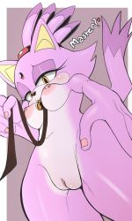 Rule 34 | 1girl, animal ears, apathynsfw, bell, blaze the cat, blush, body blush, breasts, cat ears, cat tail, cleft of venus, clitoris, collar, colored skin, forehead jewel, furry, furry female, highres, leash, navel, nipple piercing, nipples, nude, piercing, purple hair, pussy, sega, shiny skin, sonic (series), sonic (series), tail, yellow eyes