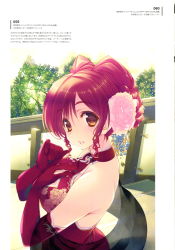Rule 34 | 1girl, absurdres, amazuyu tatsuki, brown eyes, day, elbow gloves, floral print, from side, gloves, hair ornament, halterneck, highres, looking at viewer, outdoors, parted lips, red hair, scan, sleeveless, solo, to heart (series), to heart 2