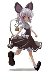 Rule 34 | 1girl, animal ears, basket, bloomers, dress, grey dress, highres, ishikkoro, looking at viewer, mouse (animal), mouse ears, mouse tail, nazrin, red eyes, shirt, short sleeves, silver hair, simple background, solo, tail, touhou, underwear, walking, white background