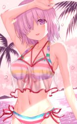 Rule 34 | 1girl, bare shoulders, bikini, blush, breasts, cleavage, collarbone, fate/grand order, fate (series), hair over one eye, highres, large breasts, light purple hair, looking at viewer, mash kyrielight, mash kyrielight (swimsuit of perpetual summer ver.02), morizono shiki, multicolored bikini, multicolored clothes, navel, official alternate costume, open mouth, purple eyes, rainbow bikini, see-through, short hair, smile, swimsuit