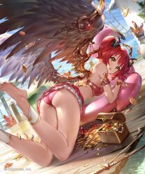 Rule 34 | 1girl, angel wings, ass, bare arms, barefoot, bikini, bikini skirt, breasts, coin, commentary request, day, feathered wings, from behind, gold coin, inflatable raft, jewelry, legs up, looking at viewer, looking back, necklace, open mouth, outdoors, pearl necklace, plant, red bikini, red hair, rope ladder, ruby (shingeki no bahamut), shingeki no bahamut, small breasts, smile, solo, swimsuit, thighs, treasure chest, wings, wooden floor, yellow eyes