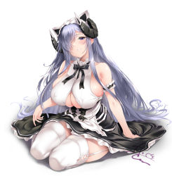 Rule 34 | 1girl, apron, august von parseval (azur lane), august von parseval (the conquered unhulde) (azur lane), azur lane, bare shoulders, black skirt, blue eyes, blue hair, blush, breasts, cleavage, clothing cutout, curled horns, hair over one eye, highres, horns, huge breasts, long hair, looking at viewer, mechanical horns, official alternate costume, oohira sunset, sideboob, skirt, smile, solo, thighhighs, two-tone dress, underboob cutout, white apron, white thighhighs