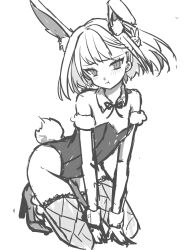 Rule 34 | 1girl, animal ears, arm cuffs, arm support, bare shoulders, blush, breasts, covered navel, detached collar, fake animal ears, fake tail, fishnet thighhighs, fishnets, goddess of victory: nikke, greyscale, hair ornament, hands on ground, high heels, highres, hnmknm2, kneeling, leaning forward, leotard, looking at viewer, monochrome, noah (nikke), playboy bunny, pout, rabbit ears, rabbit hair ornament, rabbit tail, ribbon, short hair, simple background, sketch, small breasts, solo, strapless, strapless leotard, tail, thighhighs, white background, wrist cuffs