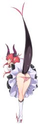 Rule 34 | 10s, 1girl, ass, bare shoulders, blue eyes, blush, clothes lift, detached sleeves, dragon horns, dragon tail, dress, dress lift, elizabeth bathory (fate), elizabeth bathory (fate/extra ccc), elizabeth bathory (first ascension) (fate), embarrassed, fang, fate/extra, fate/extra ccc, fate (series), full body, high heels, highres, horns, kei (soundcross), long hair, looking at viewer, open mouth, panties, pointy ears, red hair, solo, striped clothes, striped panties, tail, underwear
