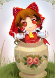 Rule 34 | 1girl, ascot, blue sky, bow, brown hair, chibi, commentary, cubehero, detached sleeves, floral print, framed, grass, hair bow, hair tubes, hakurei reimu, outstretched arms, red eyes, red shirt, red skirt, shirt, short hair, skirt, sky, sleeveless, sleeveless shirt, smile, solo, stuffed toy, touhou, vase, yellow ascot