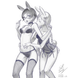 Rule 34 | 2girls, animal ears, artist name, blush, bow, bow bra, bra, braid, braided ponytail, breasts, choker, closed mouth, earrings, closed eyes, glasses, greyscale, hair between eyes, hair bow, hands on another&#039;s waist, highres, hug, hug from behind, jewelry, lingerie, long hair, looking at another, looking to the side, medium breasts, monochrome, multiple girls, navel, open mouth, original, panties, ponytail, rabbit ears, rabbit girl, rabbit tail, salmon88, short hair, simple background, sketch, stomach, stud earrings, surprised, sweatdrop, tail, teeth, thighhighs, tongue, twin braids, underwear, underwear only, very long hair