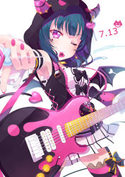 Rule 34 | 1girl, birthday, blue hair, breasts, commentary request, dated, demon horns, demon tail, demon wings, duplicate, earrings, electric guitar, facial tattoo, guitar, highres, hood, hoodie, horns, instrument, jewelry, kitahara tomoe (kitahara koubou), long hair, love live!, love live! sunshine!!, mouth hold, music, nail polish, one eye closed, pink eyes, pixel-perfect duplicate, playing instrument, plectrum, small breasts, solo, symbol, tail, tattoo, tsushima yoshiko, twitter username, wings