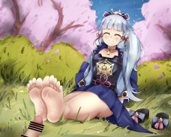 Rule 34 | 1girl, absurdres, ayaka (genshin impact), barefoot, blue hair, blush, censored, cum, cum on body, cum on feet, cum on lower body, ejaculation, ethan(33327245), closed eyes, feet, foot focus, genshin impact, grass, highres, long hair, penis, sitting, smile, soles, solo, toes, tree