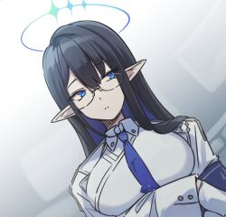 Rule 34 | 1girl, armband, black hair, blue archive, blue eyes, blue hair, blue necktie, breasts, collared shirt, glasses, gloves, hair between eyes, halo, large breasts, long hair, multicolored hair, natsuki teru, necktie, pointy ears, rin (blue archive), shirt, solo, two-tone hair, white gloves, white shirt