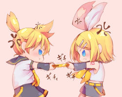 Rule 34 | 1boy, 1girl, anger vein, arm warmers, bare shoulders, belt, black collar, black shorts, black sleeves, blonde hair, blue eyes, blush, bow, brother and sister, chibi, closed mouth, collar, commentary, fighting, from side, hair bow, hair ornament, hairclip, handheld game console, harusamesyota, highres, holding, holding handheld game console, kagamine len, kagamine rin, light blush, neckerchief, necktie, nintendo switch, pink background, pout, pulling, sailor collar, school uniform, shirt, short hair, short ponytail, short sleeves, shorts, shoulder tattoo, siblings, simple background, spiked hair, swept bangs, tattoo, trembling, twins, v-shaped eyebrows, vocaloid, white bow, white shirt, yellow neckerchief