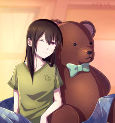 Rule 34 | 1girl, aihara mei, arm rest, black hair, blackwingbinlan, blanket, bow, bowtie, casual, citrus (saburouta), commentary request, commission, dated, green shirt, long hair, mixed-language commentary, one eye closed, purple eyes, shadow, shirt, sitting, solo, stuffed animal, stuffed toy, teddy bear