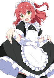 Rule 34 | 1girl, :d, absurdres, aikawa ryou, apron, black dress, black thighhighs, blush, bocchi the rock!, collared dress, commentary request, dress, frilled apron, frilled dress, frills, hair between eyes, highres, kita ikuyo, looking at viewer, maid, maid apron, maid headdress, one side up, open mouth, puffy short sleeves, puffy sleeves, red hair, short sleeves, simple background, skirt hold, smile, solo, thighhighs, white apron, white background, wrist cuffs, yellow eyes