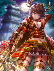 Rule 34 | 1girl, antlers, architecture, armor, blue eyes, box (hotpppink), breasts, brown gloves, brown hair, brown skirt, closed mouth, cloud, coat, collarbone, company name, detached sleeves, east asian architecture, electricity, expressionless, fingerless gloves, fingernails, floral print, from below, full moon, gem, gloves, grass, groin, hair between eyes, headband, high collar, highres, holding, holding weapon, horns, japanese armor, kusazuri, large breasts, light particles, looking at viewer, looking down, midriff, moon, navel, night, night sky, official art, open clothes, open coat, outdoors, panties, pantyshot, plackart, polearm, print coat, red armor, red coat, red headband, rope, sengoku kishin valkyrie, shimenawa, shiny skin, short hair, skindentation, skirt, sky, sleeveless, sleeveless coat, solo, standing, tassel, thighhighs, tree, tsurime, underwear, vambraces, weapon, white panties, white thighhighs