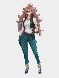 Rule 34 | 1girl, android 18, android 18 (cosplay), android 21, belt, black gloves, blue eyes, blue pants, bracelet, breasts, brown belt, commentary request, cosplay, dragon ball, dragon ball fighterz, dragonball z, full body, glasses, gloves, grey background, hair between eyes, high-waist pants, jewelry, kemachiku, looking at viewer, medium breasts, necklace, pants, red hair, shirt, short sleeves, simple background, solo, white shirt