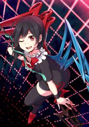 Rule 34 | 1girl, ;d, ahoge, arm up, asymmetrical wings, backlighting, black dress, black hair, black thighhighs, blurry, blush, bow, bowtie, danmaku, depth of field, dress, flying, foreshortening, frills, from above, full body, high heels, highres, houjuu nue, ksk (semicha keisuke), long hair, looking at viewer, looking up, one eye closed, open mouth, polearm, red bow, red bowtie, red eyes, short sleeves, smile, snake, solo, sweatband, swept bangs, tareme, thighhighs, touhou, trident, weapon, wings, zettai ryouiki