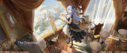 Rule 34 | 1girl, ahoge, artist logo, artist name, backlighting, black dress, black legwear, blue hair, book, canvas (object), castle, chair, cup, curtains, dated, dress, frilled dress, frills, full body, ganyu (genshin impact), genshin impact, high heels, highres, horns, long hair, looking at viewer, low ponytail, purple eyes, scenery, signature, smile, solo, table, wboss, window