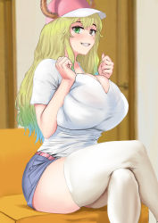 Rule 34 | 1girl, absurdres, breast press, breasts, clothes, couch, female focus, gradient hair, hat, highres, horns, huge breasts, kobayashi-san chi no maidragon, large breasts, long hair, looking at viewer, lucoa (maidragon), multicolored eyes, multicolored hair, on couch, shirt, shorts, sitting, smile, solo, thighhighs, white thighhighs, yukidaruma