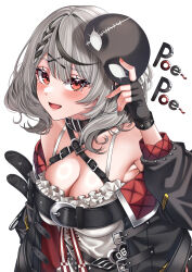 Rule 34 | 1girl, absurdres, breasts, cleavage, fingerless gloves, gloves, grey hair, highres, hololive, looking at viewer, medium hair, open mouth, red eyes, sakamata chloe, simple background, solo, virtual youtuber, wanzi (99wanzi99)