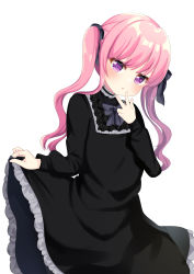 Rule 34 | 1girl, :o, absurdres, black bow, black dress, blush, bow, clothes lift, commentary request, dress, dress lift, eyebrows hidden by hair, frilled dress, frills, hair bow, hand up, head tilt, highres, lifted by self, long hair, long sleeves, looking at viewer, original, parted lips, pink hair, purple eyes, simple background, solo, suzu (minagi), twintails, very long hair, w, white background