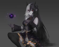 Rule 34 | 1girl, absurdres, aoi ogata, bare shoulders, black dress, black hair, black skirt, black thighhighs, breasts, buttons, cleavage, demon girl, dress, energy, energy ball, grey background, hair between eyes, hand on own chest, highres, horns, lipstick, long hair, long sleeves, looking at viewer, looking away, magic, makeup, medium breasts, monster girl, multicolored hair, original, pleated skirt, pointy ears, purple lips, red eyes, simple background, sitting, skirt, solo, thighhighs, very long hair, white hair, wide sleeves, zettai ryouiki
