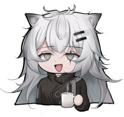 Rule 34 | 1girl, :d, animal ear fluff, animal ears, arknights, black jacket, chibi, commentary request, cropped torso, cup, empty eyes, eroborne, grey eyes, grey hair, hair between eyes, hair ornament, hairclip, holding, holding cup, jacket, lappland (arknights), long hair, long sleeves, mug, open mouth, scar, scar across eye, simple background, smile, solo, steam, upper body, white background