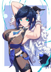 Rule 34 | 1girl, absurdres, armpits, arms behind head, arms up, asymmetrical gloves, bare shoulders, black hair, black pants, blue dress, blue hair, blush, bob cut, breasts, cleavage, cleavage cutout, clothing cutout, diagonal bangs, dice, dress, earrings, fur-trimmed jacket, fur trim, genshin impact, gloves, green eyes, highres, jacket, jacket on shoulders, jewelry, large breasts, long sleeves, looking at viewer, mismatched gloves, mole, mole on breast, multicolored hair, neck ring, pants, pelvic curtain, pendant, short hair, solo, tassel, thighs, tight clothes, tight pants, torahime (roland00), two-tone hair, vision (genshin impact), white jacket, yelan (genshin impact)