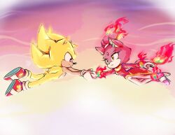Rule 34 | 1boy, 1girl, blaze the cat, burning blaze, cat girl, fire, forehead jewel, furry, furry female, gloves, gold necklace, highres, jacket, jewelry, necklace, pants, pink footwear, pink fur, ponytail, red eyes, red footwear, red jacket, rfts10919, sonic (series), sonic rush, sonic the hedgehog, super sonic, white pants, yellow eyes, yellow fur