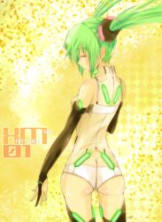 Rule 34 | 1girl, ass, bridal gauntlets, butt crack, character name, closed eyes, green hair, hatsune miku, highres, kowiru, solo, thighhighs, twintails, vocaloid