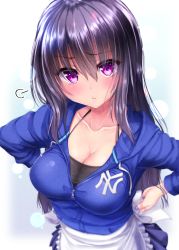 Rule 34 | 1girl, puff of air, apron, black hair, blue background, blue suit, blush, breasts, cleavage, formal, gradient background, highres, large breasts, lens flare, long hair, long sleeves, looking at viewer, mokufuu, new york yankees, original, pleated skirt, pout, purple eyes, skirt, solo, suit, track suit, tying apron, white background