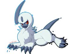 Rule 34 | absol, artist name, asymmetrical hair, blue outline, claws, closed mouth, creatures (company), dated, drop shadow, eryz, full body, game freak, gen 3 pokemon, happy, highres, looking at viewer, lying, nintendo, on side, outline, pokemon, pokemon (creature), red eyes, short hair, signature, simple background, smile, transparent background, white hair