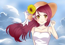 Rule 34 | 1girl, artist name, artist request, bare shoulders, blue sky, blush, bow, breasts, brown eyes, brown hair, brown headwear, cleavage, cloud, collarbone, day, dress, female focus, flower, highres, long hair, love live!, love live! sunshine!!, outdoors, parted lips, red hair, sakurauchi riko, sky, small breasts, smile, solo, sundress, sunflower, sunflower hat, tionitou, white bow, yellow eyes