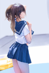 Rule 34 | 1girl, absurdres, arm up, blue eyes, blue skirt, blush, brown hair, closed mouth, commentary, english commentary, from behind, gradient hair, hand up, highres, innertube, long hair, looking at viewer, looking back, lunacle, multicolored hair, original, pleated skirt, school uniform, serafuku, shirt, short sleeves, skirt, solo, swim ring, thighs, white shirt