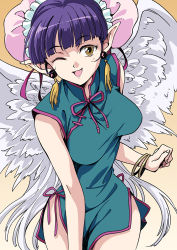 Rule 34 | 1girl, agahari, bakuretsu hunters, breasts, china dress, chinese clothes, daughter (bakuretsu hunters), dress, feathered wings, large breasts, looking at viewer, one eye closed, open mouth, pointy ears, purple hair, smile, solo, wings, wink, yellow eyes