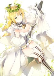 Rule 34 | 10s, 1girl, ahoge, arm up, bare shoulders, belt, blonde hair, chain, closed mouth, detached collar, detached sleeves, elbow gloves, fate/extra, fate/extra ccc, fate (series), gloves, green eyes, leotard, lock, looking at viewer, lpip, nero claudius (bride) (fate), nero claudius (bride) (third ascension) (fate), nero claudius (fate), nero claudius (fate) (all), puffy sleeves, sidelocks, solo, thighhighs, thighs, white gloves, white leotard, white thighhighs, wreath