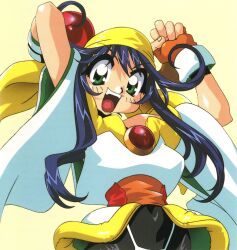 1990s_(style) 1girl arms_up bandana blue_hair fingerless_gloves gloves green_eyes kotobuki_tsukasa lime_(saber_j) long_hair looking_at_viewer non-web_source official_art open_mouth retro_artstyle saber_marionette_j scan sidelocks simple_background solo teeth upper_teeth_only wide_sleeves yellow_background