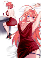 Rule 34 | 1girl, absurdres, armpits, arms up, ass, backless dress, backless outfit, bare arms, bare back, bare legs, bare shoulders, black footwear, blue eyes, blush, breasts, center opening, cleavage, counter, covered erect nipples, cowlick, dress, drink, forehead, go-toubun no hanayome, hair between eyes, hair bun, high heels, highres, kosmos beta, large breasts, long bangs, long hair, looking back, lying, multiple views, nakano itsuki, on back, open mouth, orange hair, panties, panty pull, plunging neckline, purple panties, red dress, simple background, single hair bun, sitting, underboob, underwear, white background