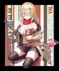 Rule 34 | 1girl, absurdres, as val, as val (girls&#039; frontline), assault rifle, automatic rifle, belt, bikini, bikini top only, bikini under clothes, black skirt, black thighhighs, blonde hair, blue eyes, blush, boots, bow, breasts, brown footwear, brown jacket, character name, cleavage, copyright name, eyelashes, girls&#039; frontline, glasses, gun, hair ornament, highres, holding, holding gun, holding stuffed toy, holding weapon, integral suppressor, integrally-suppressed firearm, jacket, kalashnikov rifle, long hair, long sleeves, medium breasts, navel, off shoulder, pleated skirt, pocket, pottsness, pouch, red scarf, rifle, scarf, silver hair, skirt, smile, solo, squatting, striped bikini, striped bikini top, striped clothes, stuffed animal, stuffed toy, suppressor, swimsuit, teddy bear, thighhighs, toz (tulsky oruzheiny zavod), tsniitochmash, tula arms plant, weapon
