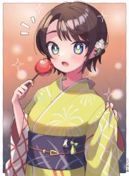 Rule 34 | 1girl, alternate costume, blue eyes, blurry, blurry background, blush, border, breasts, brown hair, candy apple, commentary request, eyelashes, flower, food, gradient background, hair flower, hair ornament, hands up, highres, holding, holding food, hololive, japanese clothes, kimono, kingyo (g-fish), long sleeves, looking at viewer, nail polish, obi, oozora subaru, open mouth, print kimono, sash, shadow, short hair, solo, subaru duck, swept bangs, upper body, virtual youtuber, white border, wide sleeves, yellow kimono, yellow nails, yukata