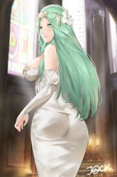 Rule 34 | 1girl, aqua eyes, aqua hair, artist name, ass, back, backlighting, bare shoulders, blush, breasts, church interior, circlet, closed mouth, commentary, cowboy shot, dress, fire emblem, fire emblem: three houses, flower, hair flower, hair ornament, indoors, j@ck, juliet sleeves, large breasts, long hair, long sleeves, looking away, looking to the side, matching hair/eyes, nintendo, off-shoulder dress, off shoulder, pantylines, parted bangs, puffy sleeves, rhea (fire emblem), sideboob, sleeves past wrists, smile, solo, stained glass, strapless, strapless dress, tassel, very long hair, white dress, white flower, window