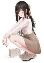 Rule 34 | 1girl, absurdres, bag, blush, brown eyes, brown hair, brown skirt, collared shirt, earrings, expressionless, handbag, highres, jewelry, long hair, long sleeves, looking at viewer, nail polish, one side up, original, parted lips, ponytail, ravenpulse, shirt, shoes, skirt, sneakers, solo, squatting, white background, white bag, white footwear, white shirt