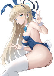 Rule 34 | 1girl, :/, absurdres, animal ears, ass, backless leotard, bare shoulders, blonde hair, blue archive, blue eyes, blue leotard, braid, breasts, closed mouth, double v, dubeaduver, ear piercing, earpiece, fake animal ears, french braid, from side, halo, highres, leotard, long hair, looking at viewer, medium breasts, microphone, piercing, playboy bunny, rabbit ears, rabbit tail, sideboob, simple background, sitting, skindentation, solo, tail, thighhighs, thighs, toki (blue archive), toki (bunny) (blue archive), v, very long hair, white background, white thighhighs, wrist cuffs