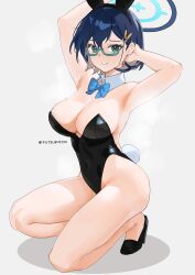 Rule 34 | 1girl, absurdres, animal ears, armpits, arms up, bare legs, black leotard, blue archive, blue bow, blue bowtie, blue hair, bow, bowtie, breasts, chihiro (blue archive), closed mouth, detached collar, fake animal ears, futsukayoi, glasses, green eyes, hair ornament, hairclip, halo, high heels, highres, large breasts, leotard, looking at viewer, rabbit ears, rabbit hair ornament, rabbit tail, short hair, smile, solo, squatting, tail, thighs